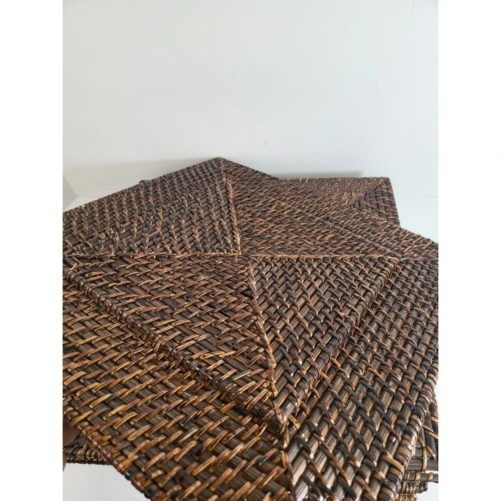 Set of 6 Vintage Woven Rattan Charger Plates 13in Square Dark Brown Wicker Boho